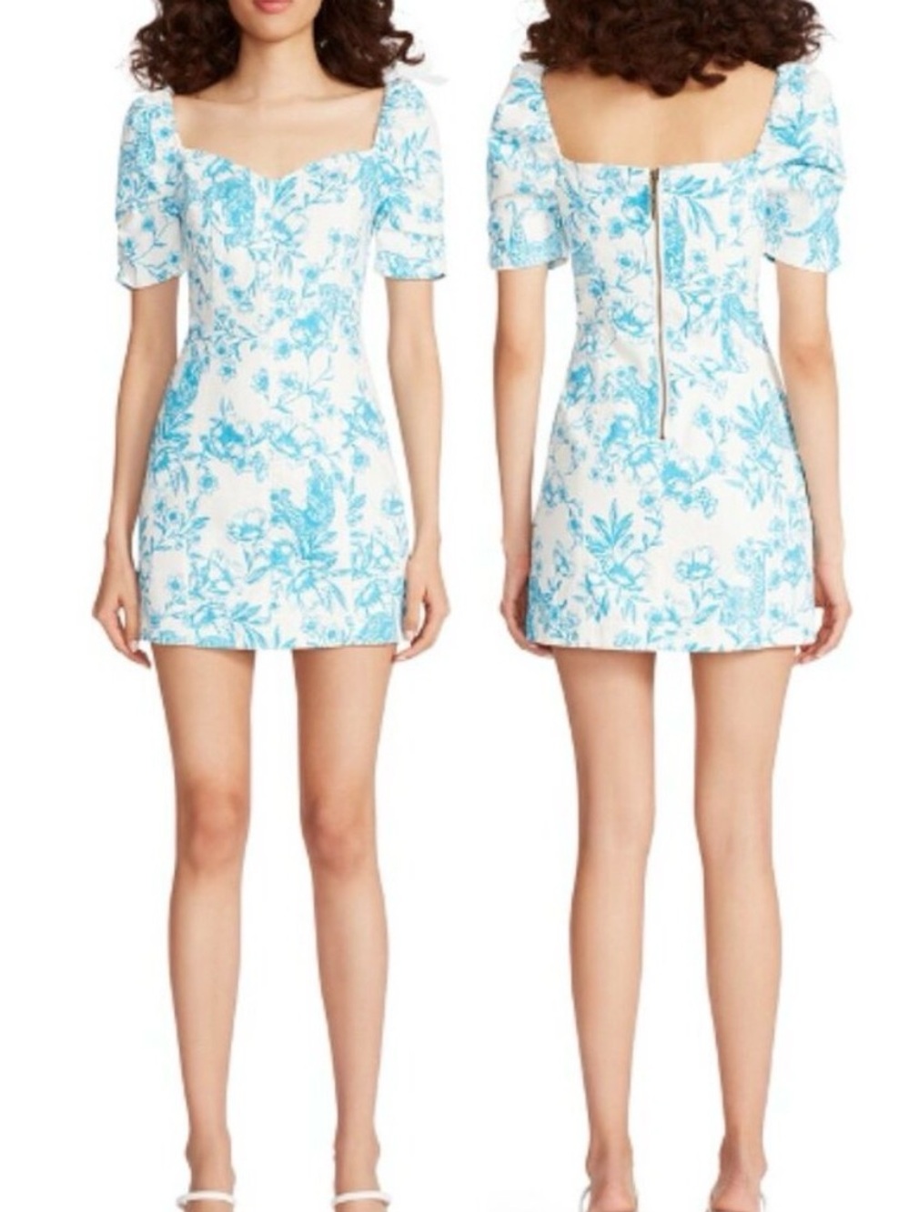 Betsey Johnson White & Teal Floral Puff-Sleeve Mini Dress